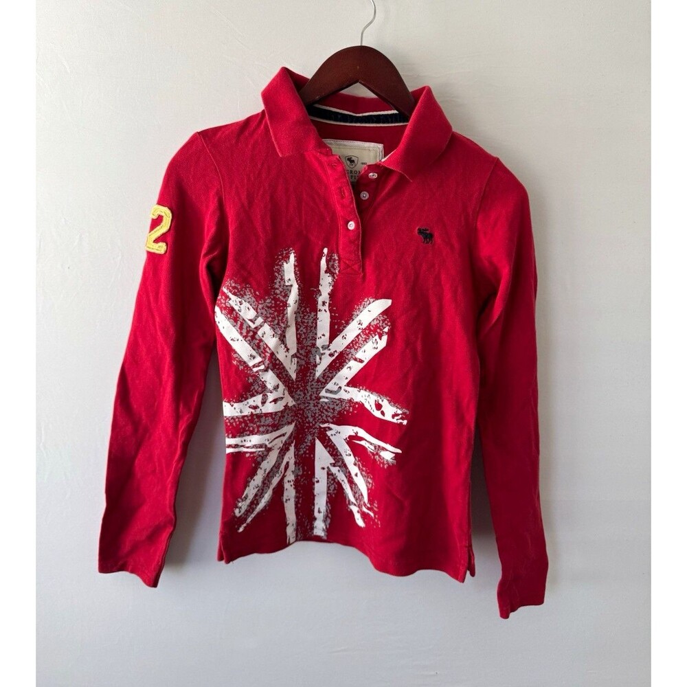 Abercrombie & Fitch Womens M Y2K Red Long Sleeve Polo Union Jack Moose 92